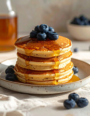 Pancakes topped with maple syrup and blueberries