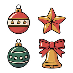 vector collection of 4 Christmas decorations &mdash; ornaments, star, ribbon bow, and bell, cartoon flat vector style, bold outlines, red-gold-green palette