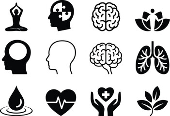 Set of yoga icons and meditation related symbols for wellness and mental health concept