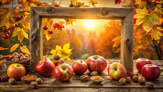 Rustic Autumn Still Life Featuring Apples, Nuts, and a Wooden Frame Against a Vibrant Fall Foliage Backdrop