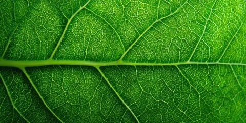 Obraz premium Vibrant green leaf macro showcasing intricate vein patterns and cellular structure for nature beauty and botanical detail