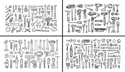 Fototapeta premium mechanic tools illustration, engineering tool vector, hardware equipment doodle, carpenter toolbox sketch, construction and repair design, hand drawn wrench art, creative tool collection, industrial g