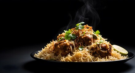 Steaming Chicken Biryani on Dark Plate with Lime and Coriander