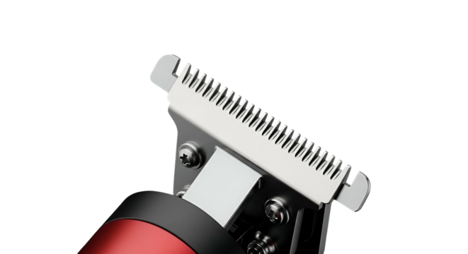 Close up of metallic clipper blades detail against a dark background