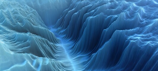 Obraz premium Underwater canyon with cascading blue layers creating a liquid avalanche visible through sonar-like ripples.