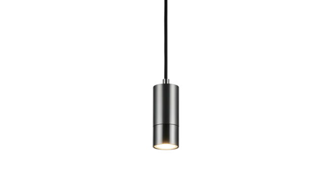 Modern cylindrical pendant light fixture illuminates against a dark background