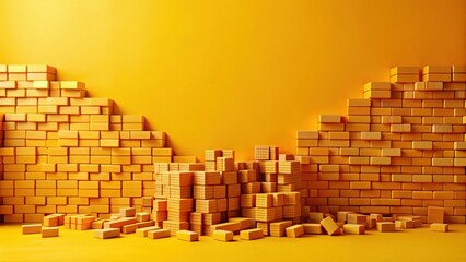 Fototapeta premium Abstract Construction Golden Blocks Forming Walls and a Central Pile on Vibrant Yellow Background