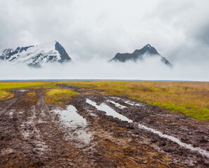 wide grass prairie among mountain valley  in dense mist amd clouds