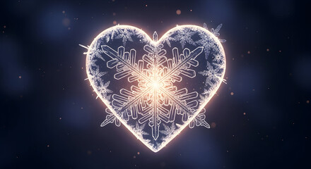 Illuminated snowflake heart with glowing edges on dark background