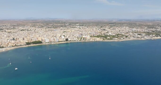 Aerial view of Mazara del Vallo, a town in the province of Trapani, Sicily, Italy. Overlooking the Mediterranean Sea at the mouth of the Mazaro River, it is an important Mediterranean fishing port.