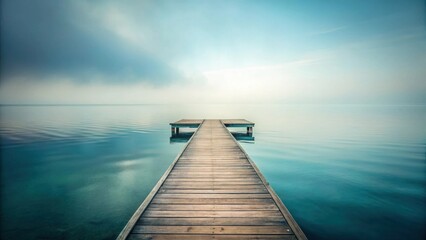 Fototapeta premium Serene Wooden Dock Extending into Calm, Misty Water, A Peaceful and Tranquil Scene of Solitude