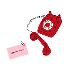 Retro red phone and note with text &ldquo;Call me never&rdquo;. Minimal vintage love illustration, broken heart concept, Valentine&rsquo;s Day rejection theme, flat romantic design 