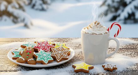 Christmas cookies and hot chocolate in snowy setting