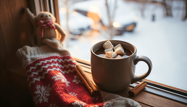 Cozy mug of hot chocolate with marshmallows on a windowsill during winter