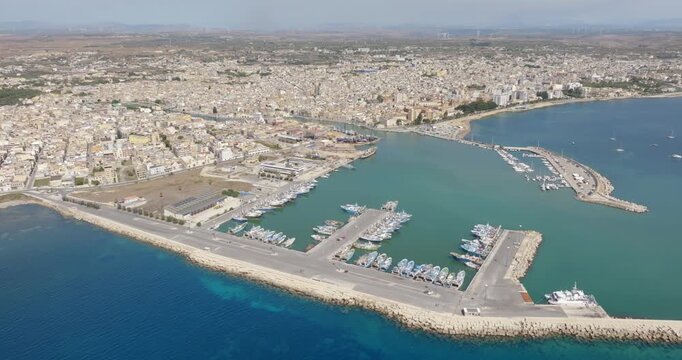 Aerial view of Mazara del Vallo, a town in the province of Trapani, Sicily, Italy. Overlooking the Mediterranean Sea at the mouth of the Mazaro River, it is an important Mediterranean fishing port.