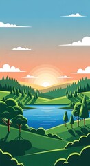 Vibrant Sunrise Over Rolling Hills and Serene Lake.