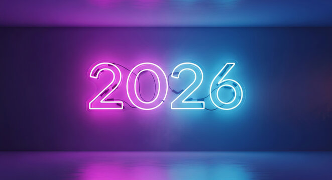 Neon “2026” sign glowing