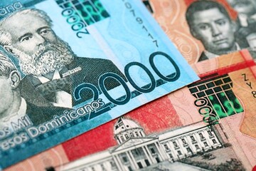Dominican Republic Pesos currency money bills. DOP currency banknotes in arrange with different...