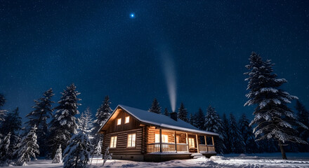 Cozy Log Cabin in Snowy Winter Night Forest stock