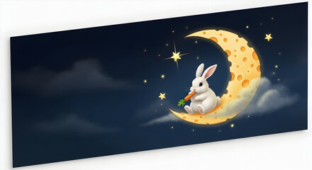 Cute bunny eating a carrot on a cheese moon in a starry night sky