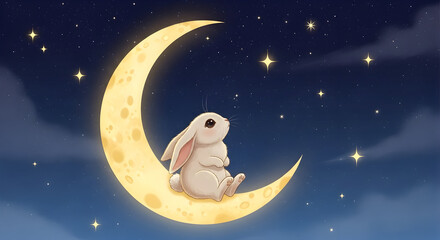 Cute bunny sitting on a crescent moon in a starry night sky