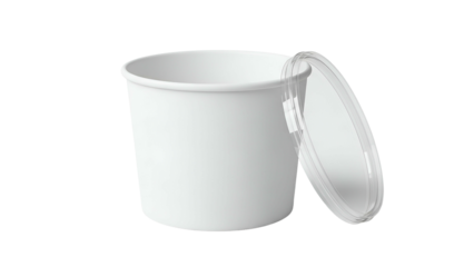 White disposable food container with clear plastic lid resting beside it