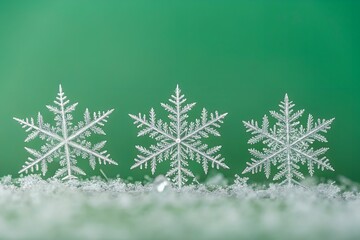 Shiny snowflakes with icy details resting on soft green background, creating a fresh winter and holiday season composition