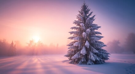 Snow-covered fir tree at sunrise in a winter landscape.