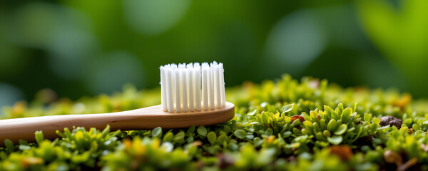 Bamboo toothbrush with dew drops on green moss, eco friendly lifestyle, sustainability concept