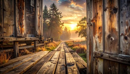 Rustic wooden structure opens to a sunlit path through a forest at sunrise. Warm golden light floods the scene, creating an inviting feel
