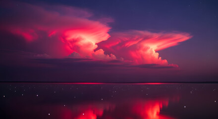Dramatic Pink Clouds Reflected in Calm Water at Dusk