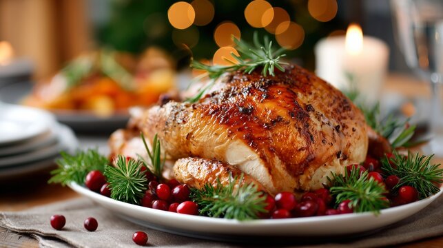 A Beautifully Cooked Roast Turkey Garnished with Fresh Herbs and Berries, Perfectly Plated for a Festive Holiday Table Setting
