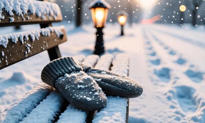 Pair of wool mittens lies on snowy park bench surrounded by falling flakes on calm cold winter afternoon