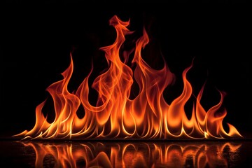 Fototapeta premium Intense fire flames rising dramatically on deep black background, symbolizing energy, power, strength, and heat in visual design
