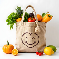 Hemp shopping bag filled with fruits and vegetables, eco market, zero waste lifestyle concept