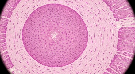 Microscopic view of a rounded, textured tissue structure.  A circle of light-pink, textured tissue surrounds a central, darker pink, bumpy sphere.  The background shows layered tissue