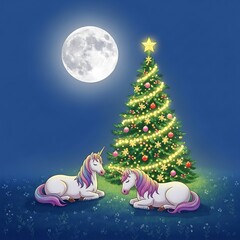 Magical Christmas Scene - Unicorns, Tree, and Moonlit Night.