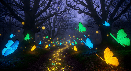 Enchanted forest path with glowing butterflies and fireflies