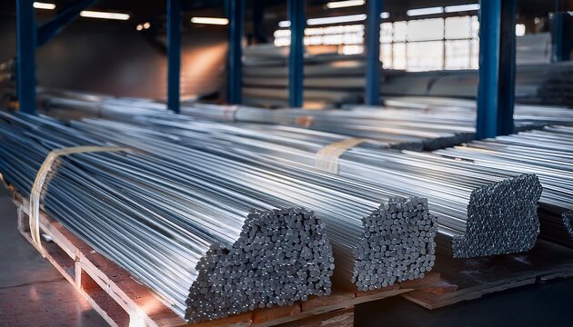 bundled aluminum rods organized in warehouse await remelting to produce foil alloys metal products in metallurgy industry