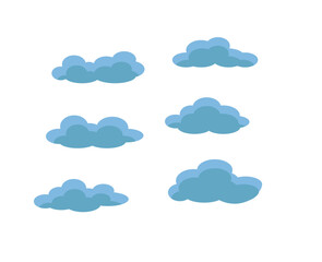 Set of Blue Cartoon Clouds Isolated on White Background. Minimalist Sky Elements Collection for Design. Graphic Weather Clipart Vector Pack.