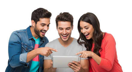 Three friends laughing together while pointing at a tablet, isolated on transparent background