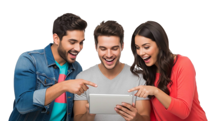 Three friends laughing together while pointing at a tablet, isolated on transparent background