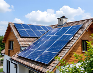 Solar panels on modern eco house roof under clear sky, renewable energy, sustainable architecture