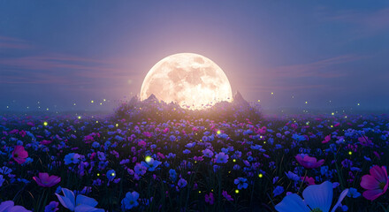 Full Moon Rising Over a Field of Flowers at Dusk night