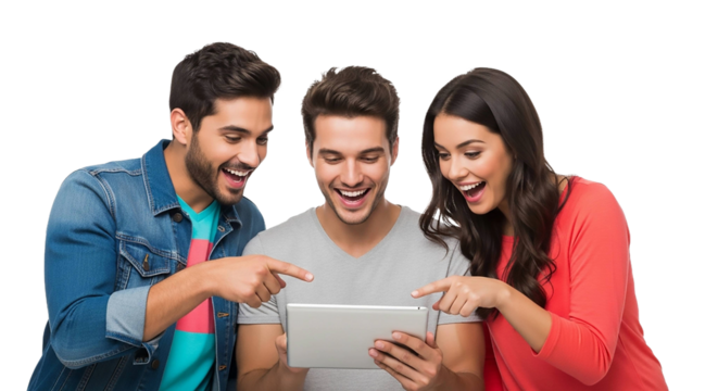 Three friends laughing together while pointing at a tablet, isolated on transparent background