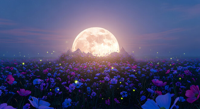 Full Moon Rising Over a Field of Flowers at Dusk night - Powered by Adobe