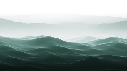 Misty mountain range with soft light and dark green color palette