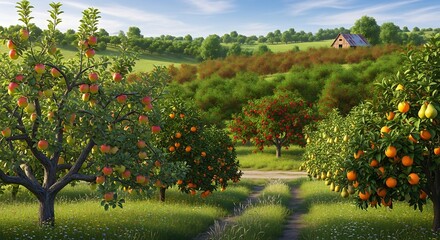 Lush Green Orange Grove with Ripe Fruit and Distant Farmhouse Under a Bright Sky.