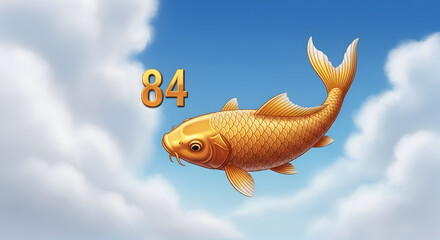 Golden koi fish and number 84 floating in the sky golden fish
