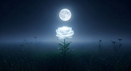 Glowing White Rose Under a Full Moon in Foggy Field